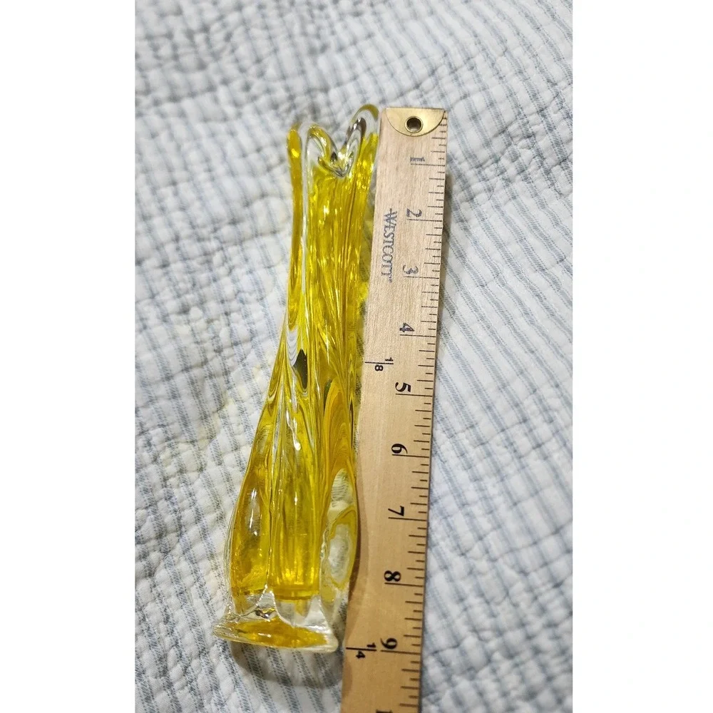 Vintage Yellow Cadmium Art Glass Bud Vase Twisted Swirl Mid Century 9 Inch